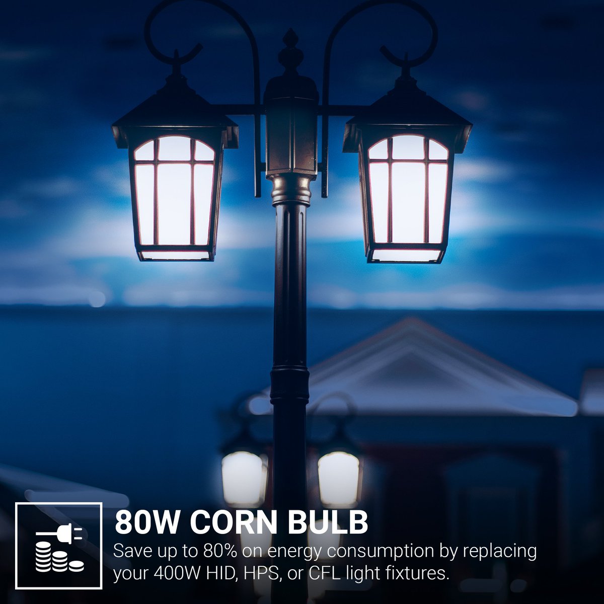 With an incredible light output of 10,400 lumens or 130Lm/W and 360 directional light, the 5000k corn bulb illuminates large areas both indoor and outdoor with a crystal white glow. 

#Hyperikon
