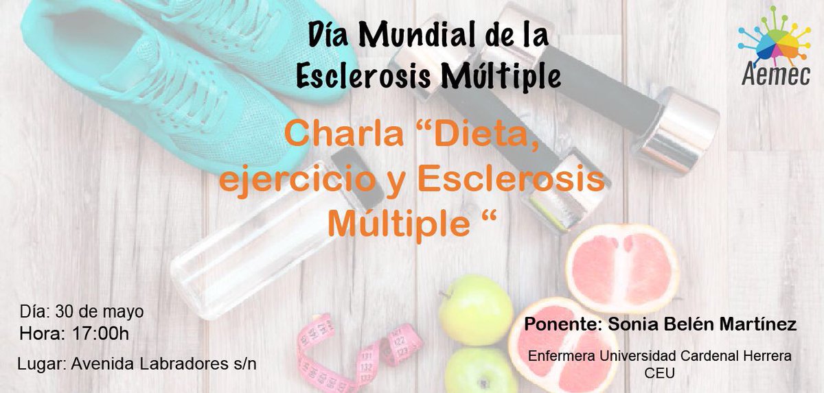 AEMEC_ELX's tweet photo. 🗓 30 de mayo
🕔 17:00h  
📍Sede AEMEC 
Ponencia a cargo de  Sonia Belén Martinez, graduada en enfermería por la @uchceu , hablará sobre “Dieta, ejercicio y EM” ¡Contamos con vosotros!
Se ruega confirmación en el teléfono de la asociación 📲 647 453 345 .
#EsclerosisMúltiple https://t.co/AfPRL81h5j