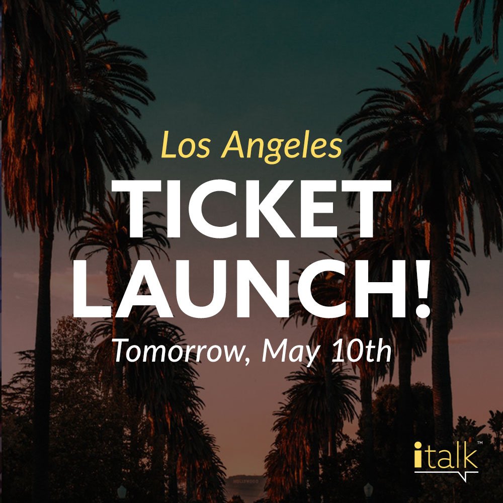 iTalkEvents's tweet photo. LA tickets go on sale tomorrow 5/10! There will be a limited supply of early bird tickets at a discount so clear your schedule and we will see you in LA! #doingleadershipdifferently #italkLA #italk4 https://t.co/EBqmt4f8ET