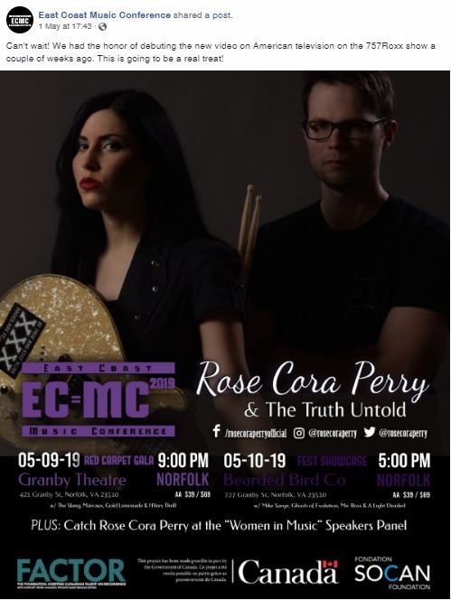 rosecoraperry's tweet photo. . @ECMusicCon aired our brand new music video 4 #EasyPrey on US airwaves! Come hear the song IN PERSON TONIGHT @granbytheaterva when we take the stage at 9 pm for the Red Carpet Opening Night Gala!
#RoseCoraPerry #TheTruthUntold #Norva #ECMC #ECMC2019 #NorfolkVAMusic #NorvaLive https://t.co/2xlFZao7mT