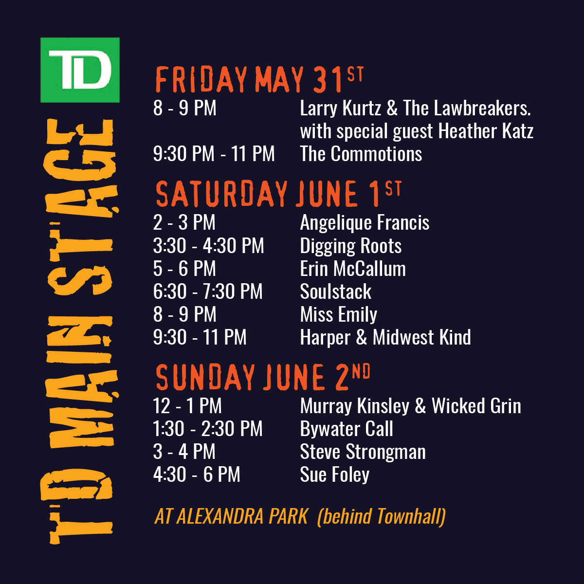 The Main Stage located in Alexandra Park will feature an outstanding line-up of award-winning artists all weekend long. Visit the artist section on our website orangevillebluesandjazz.ca to learn more about the amazing talent we have planned for you May 31-June 2nd!