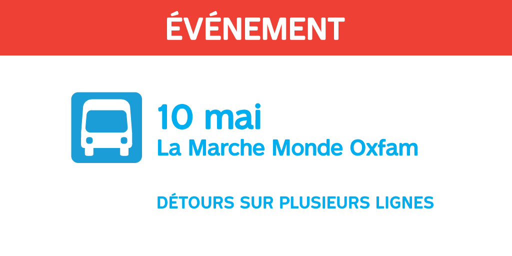 stminfo's tweet photo. [Perturbation bus] 🚌🔀⚠️ Le 10 mai, entre 6h et 14h30, les lignes de bus #stm11, #stm14, #stm15, #stm24, #stm29, #stm30, #stm45, #stm55, #stm80, #stm97, #stm129, #stm715, #stm747 seront déroutées pour la Marche Monde Oxfam. Prévoyez vos déplacements ⏩ https://t.co/fMTCOl4OC9 https://t.co/PRX948UJAJ