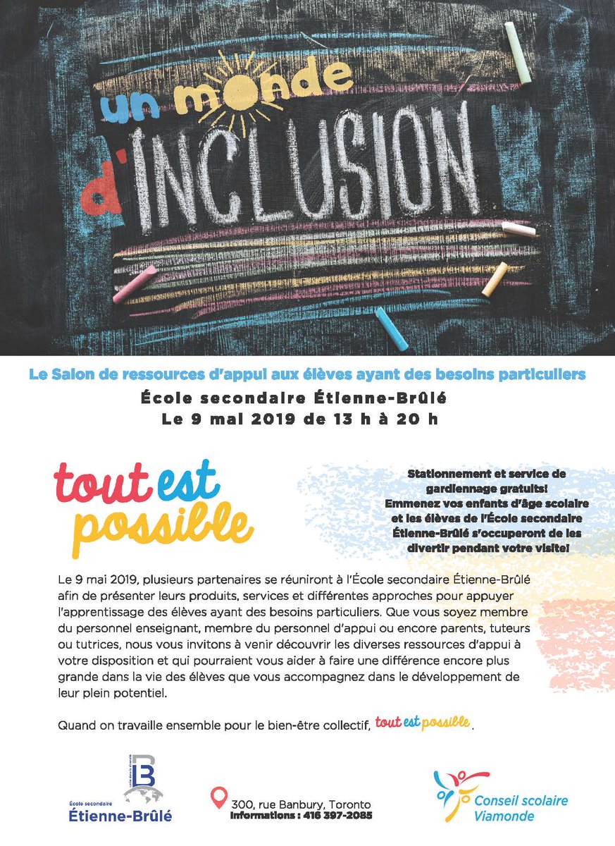 ➡️Rendez-vous à l' <a href="/ESEtienneBrule/">ÉS Étienne-Brûlé</a> dès 13h. Plusieurs organismes seront présents pour vous aider à accompagner vos enfants dans le développement de leur plein potentiel, et ce peu importe les défis auxquels elles ou ils font face. #UnMondedInclusion