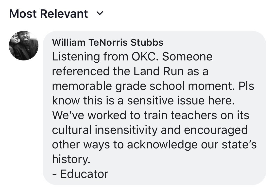 WmStubbs's tweet photo. The radio morning show I support gave space for callers to reflect on their school experience this morning. One caller (an educator) reflected on the “Land Run” reenactment she participated in for years with glee and I nearly ran off the highway. #speakout #educateeducators https://t.co/hj5J2yCaDH