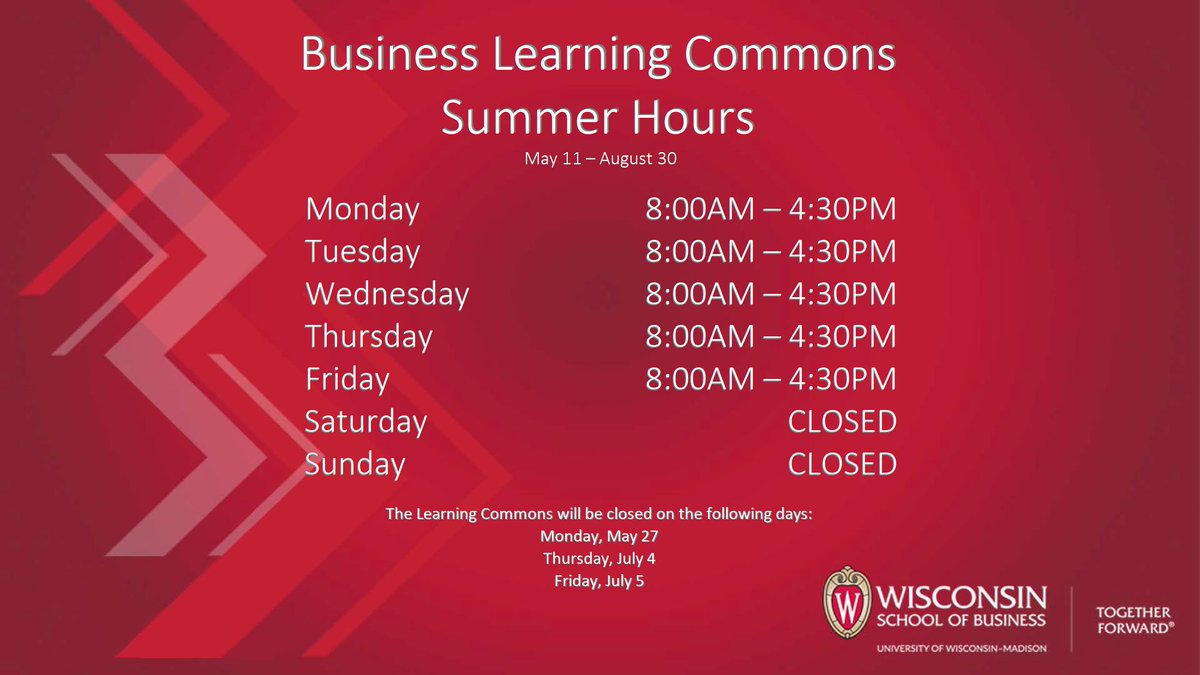 UWBusLibrary's tweet image. Exams are almost over, and that means it's almost time for summer☀️😎 The BLC will be open, with reduced hours, during the summer sessions. These new hours begin Saturday, May 11.