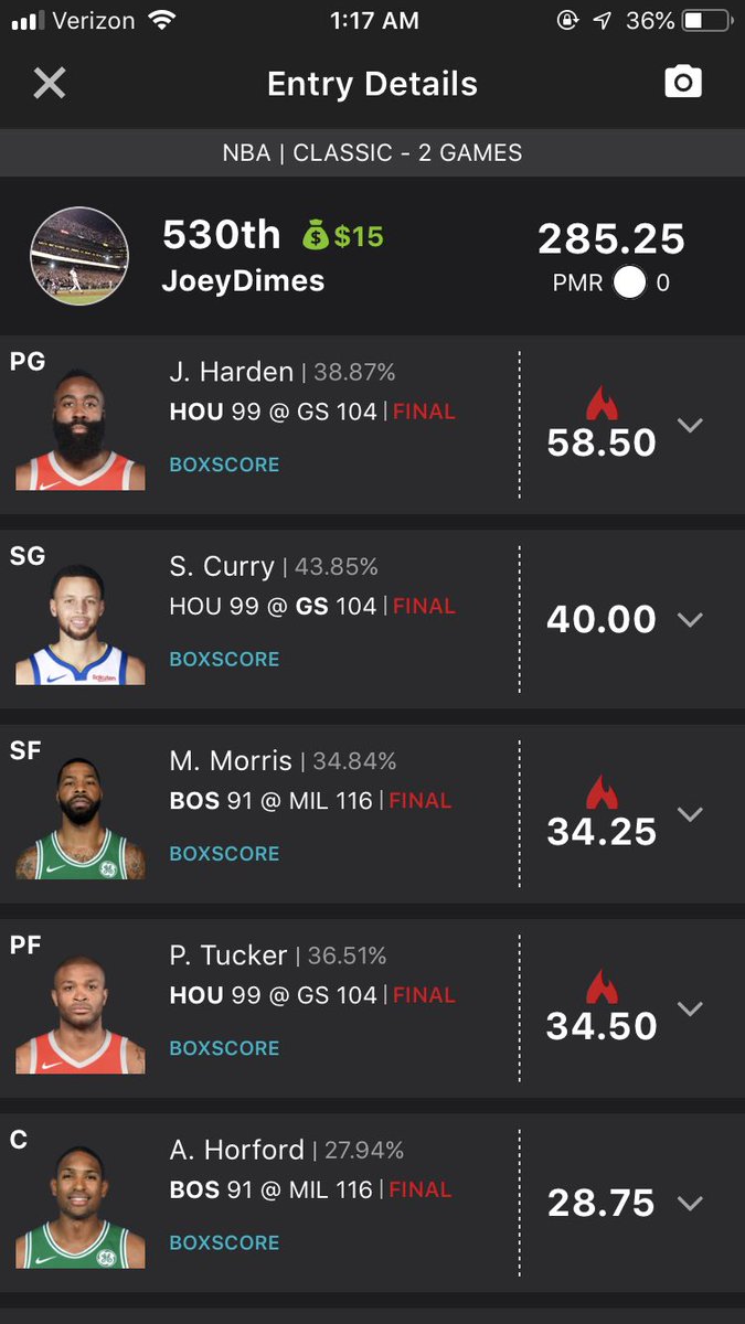 DimesJoey's tweet photo. A little nba action last night @nba @DraftKings 1$ contest entry #smallprofits #consistentcash https://t.co/nbrcfYucAa