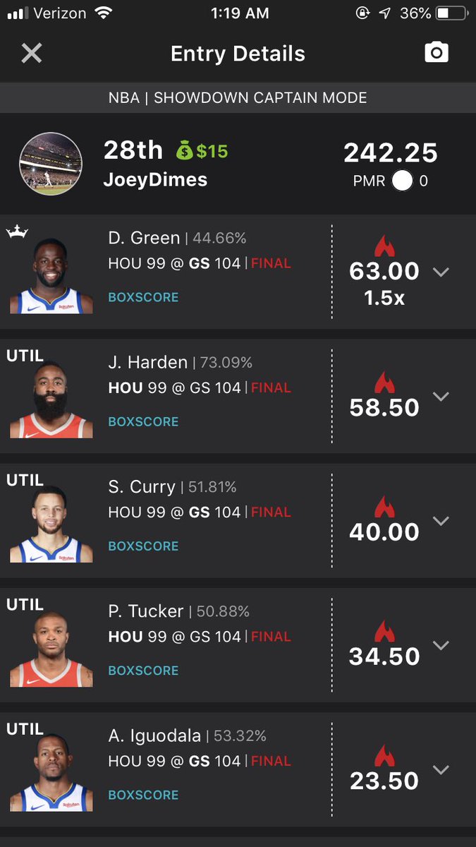 DimesJoey's tweet photo. A little nba action last night @nba @DraftKings 1$ contest entry #smallprofits #consistentcash https://t.co/nbrcfYucAa