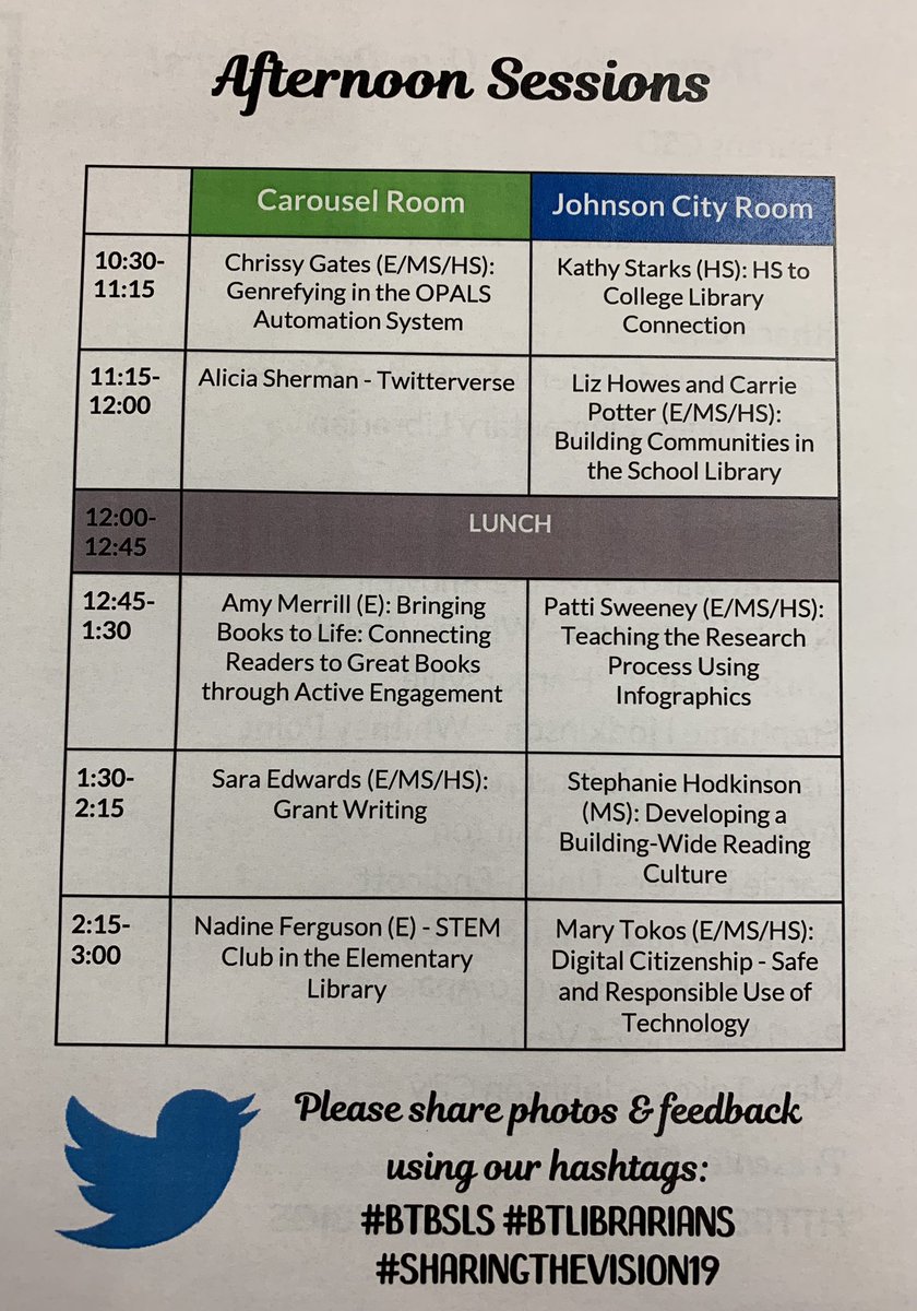 thebookteacher's tweet image. Tomorrow is the day! I can’t wait to learn from my peers - there are some amazing things happening in the libraries across our region. The librarians of #btbsls are the best in the state! #sharingthevision19