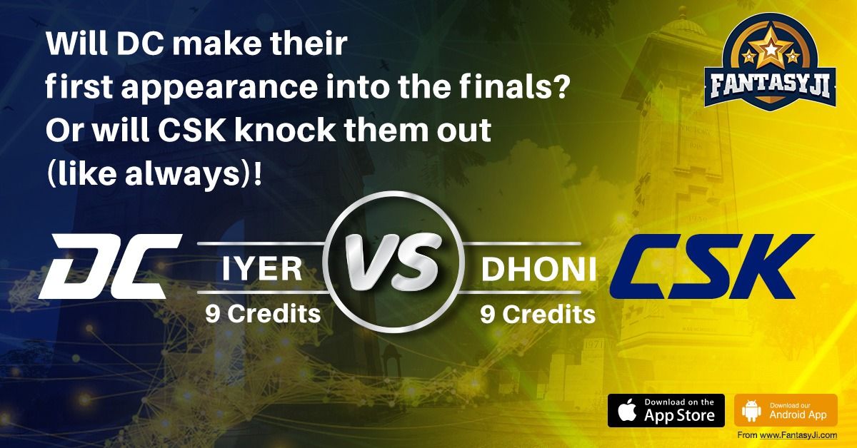 FantasyJi_'s tweet photo. CSK is the champ of IPL with 7 Final matches &amp; DC could never make it to the Finals. Who do you think will take over the semi-finals tomorrow? Will it be the 1st for DC or 8th for CSK at the grandest stage! Download the app, visit https://t.co/YREj66ofu4 
#KheloJi with #FantasyJi https://t.co/OE6tYe6anq