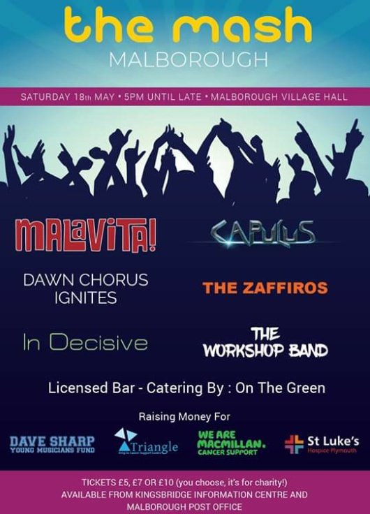 thezaffiros's tweet photo. Fundraiser alert! In memory of Dave Sharp. Fantastic line up #themash #salcombe #hellodevon #muddystilletos @kingsbridgeinfo @malavita_band @CapulusOfficial #dawnchorusignites #indescisive #theworkshopband @thezaffiros Join us Saturday 18th May #devonmusic https://t.co/9lFsMJBENv