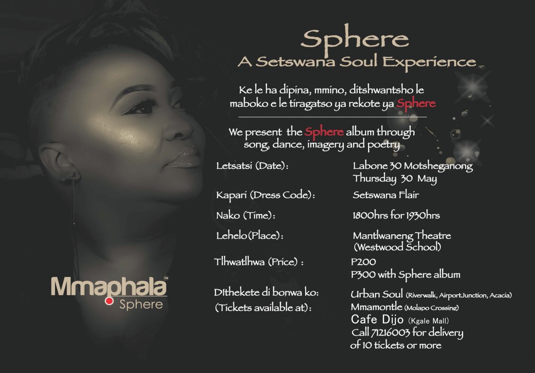 hennymaps's tweet photo. 📸 |  🎶 #Sphere💽 #ASetswanaSoulExperience by @Mmaphala 

#SphereAlbumLaunch at #MantlwanengTheater on #30May2019 

Tickets 🎫 available at @UrbanSoulStores , #Mmamontle, #CafeDijo or call +267 71216003. 

#SupportBW🇧🇼Artists 🎶 https://t.co/HbDqgRHWk2