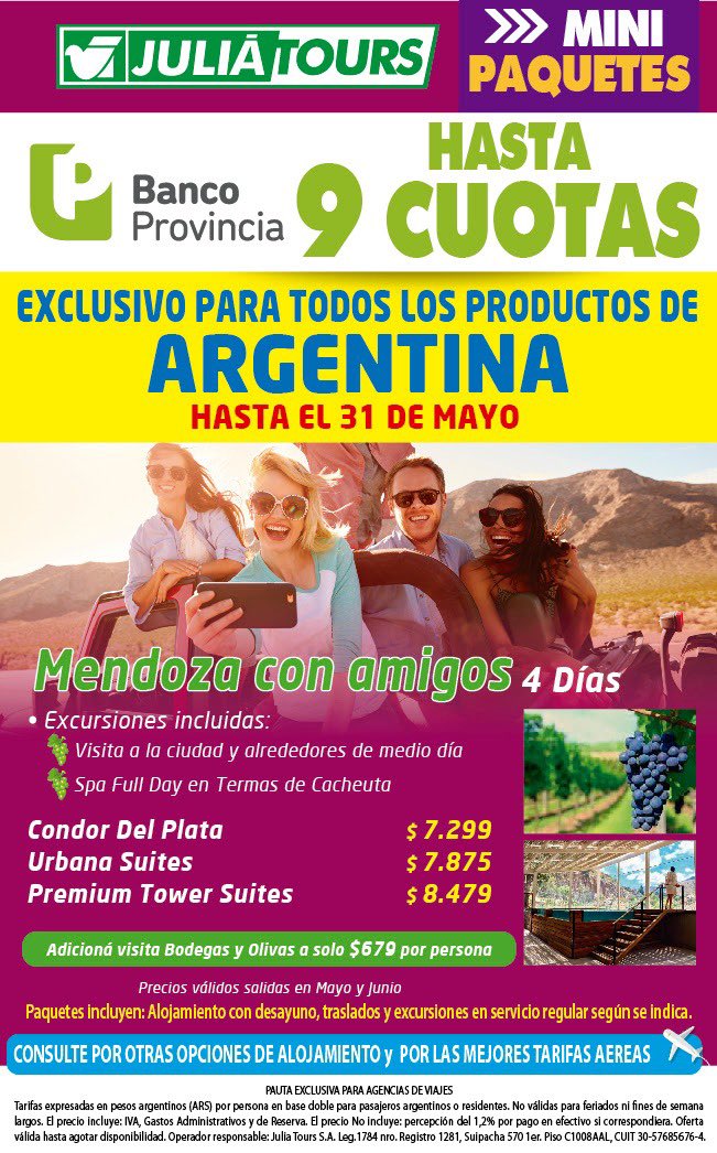 TenagliaTurismo's tweet photo. #mendoza ... #vino y #amigos ! Que mas necesitas para una escapada súper divertida ?! ... abona en hasta 09 cuotas sin interés con #bancoprovincia : viaja en mayo y junio !! #cuposlimitados ✈️ https://t.co/7oQv1uYqx7