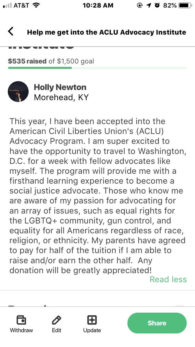 Please help me reach my goal of only $965 more!! Any donations would be great appreciated. This goal will provide will great learning opportunities. gofundme.com/aclu-advocacy-…
