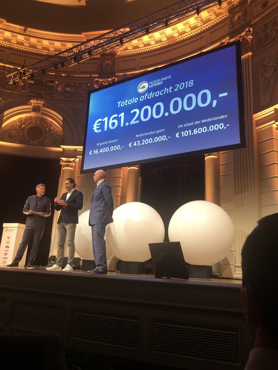 Een prachtige 43,2 mio voor de Nederlandse sport,16,4 mio voor onze goede doelen en 101.6 mio voor Nederland. Afdracht van <a href="/NLLoterij/">Nederlandse Loterij</a> 2018
