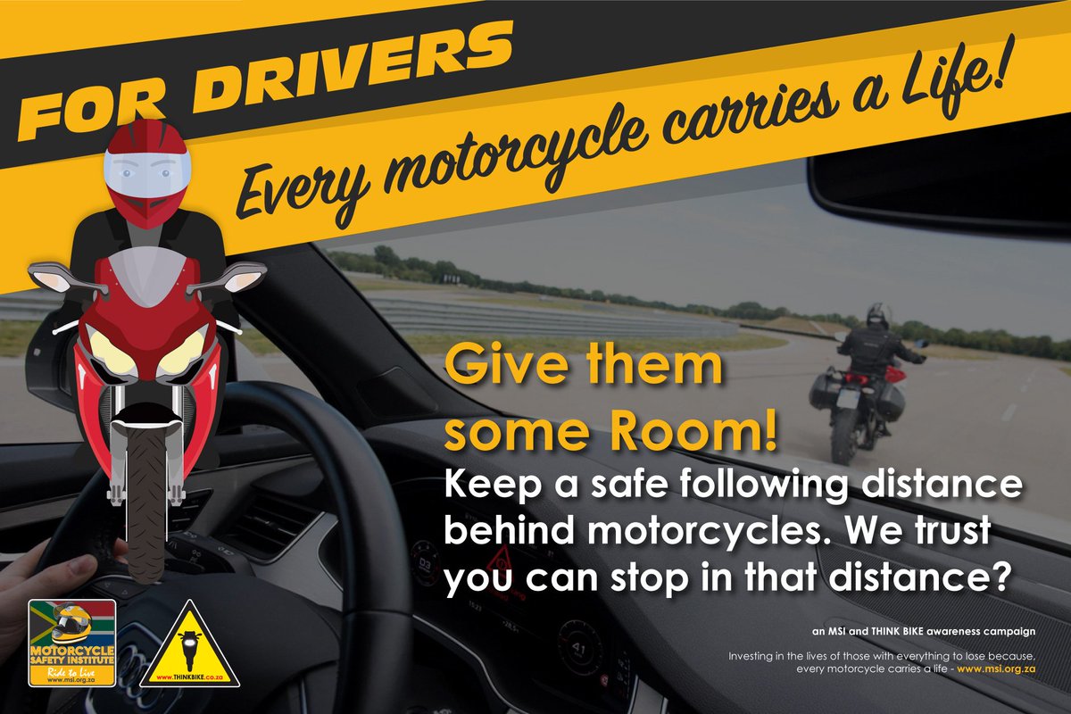 ThinkBikeSA's tweet photo. Give them some Room!
Keep a safe following distance behind motorcycles. We trust you can stop in that distance?
#MotorcycleSafety #Motorcycle #Awareness #RoadSafety #SouthAfrica https://t.co/YUujaWA7j9
