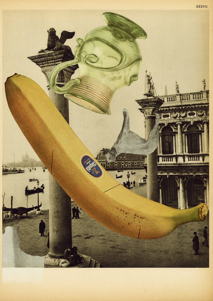 LazenbyMark's tweet photo. "Trails and Tumbleweeds 12 (Banana, Borzoi and South Jersey Pitcher)" Collage (24.3cm width x 34.2cm height) #Collage #trailsandtumbleweeds #redherrings #follyofman #venice #saintmarkssquare #venicebiennale2019 #flyingobjects #pitcher #borzoi #banana #glass #glassjug #dog https://t.co/Ky2ot7Mj81
