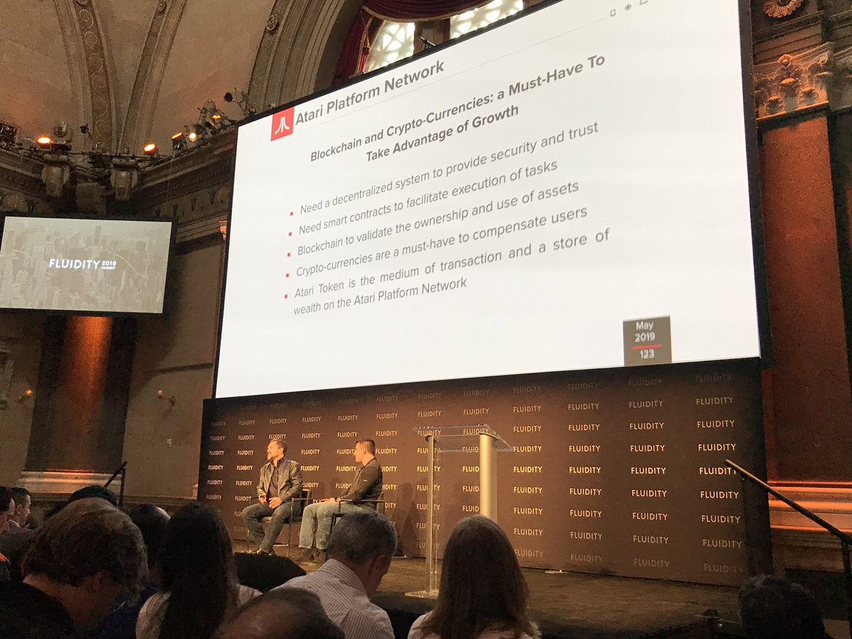 mikejcasey's tweet image. Atari CEO @chesnais, in convo with @APompliano at #Fluidity2019, lays out sweeping @atari vision of a global, distributed community of creators building games and apps, paid in crypto, coordinated with #blockchain  #DecentralizedCreativity