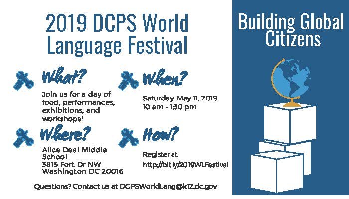 LADatDCPS's tweet photo. Join us in celebrating the 2019 DCPS World Language Festival hosted by @dcps_WorldLang at Deal MS @DealVikings!  There will be food, performances, and fun for all! Register today at https://t.co/VGnX95hUbb! https://t.co/XEalyAUVXV