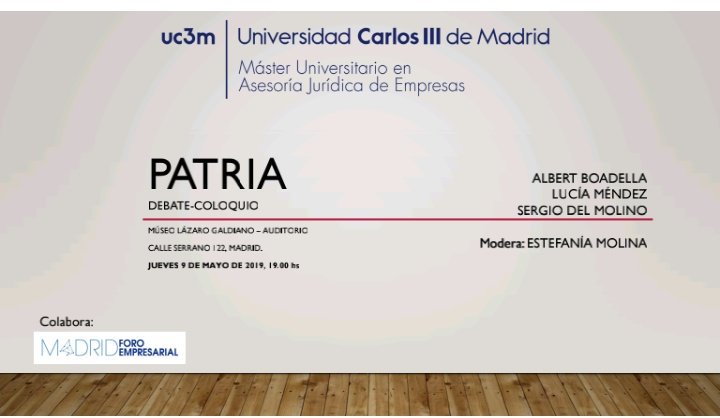 MAJEuc3m's tweet photo. A pocas horas del DEBATE sobre PATRIA organizado por el Club Alumni del @MAJEuc3m con el apoyo del Consejo Académico Empresarial. @BoadellaAlbert @LuciaMendezEM @sergiodelmolino y moderado por @EstefMolina_ https://t.co/NI7E8U1AXo