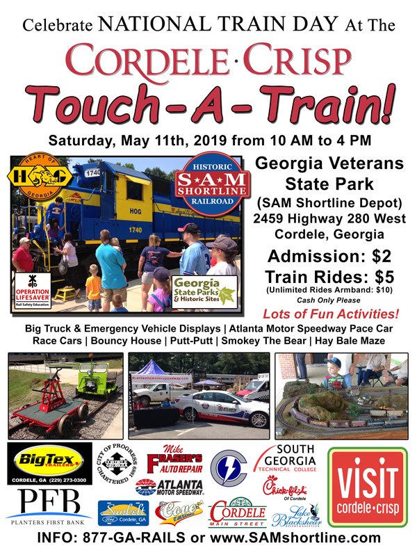 SAMShortline's tweet image. Don't miss National Train Day this SAT at @GAVetsStatePark in Cordele. #RailDay2019 @GaStateParks @friendsgapark @WFXL @WALBNews10 @Albany_Herald @41NBC @telegraphga @13wmaznews @WGXAnews @swganetwork
