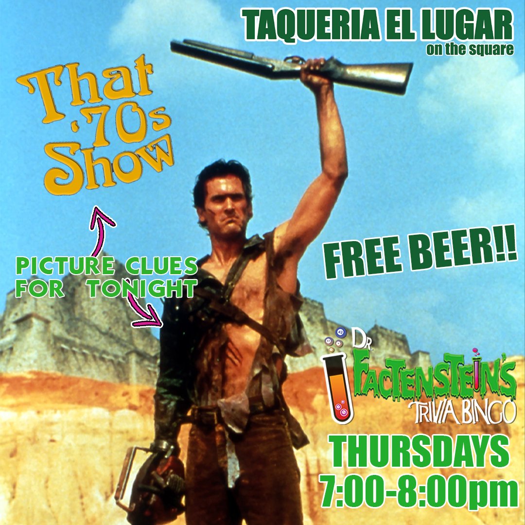DrFactenstein's tweet photo. Our Trivia Bingo Downtown is Boomin'!
Join us tonight at @ellugaronthesq for fun &amp;Free Beer!
.
.
#EvilDead #BruceCampbell #FreeBeer #MexicanFood #BingoNight #Quesadillas #That70sShow #EricForeman #DowntownTylerTX #AshtonKutcher #Boomstick #EvilDead2 #Zombies #SawedoffShotgun https://t.co/XL4JTbacsi