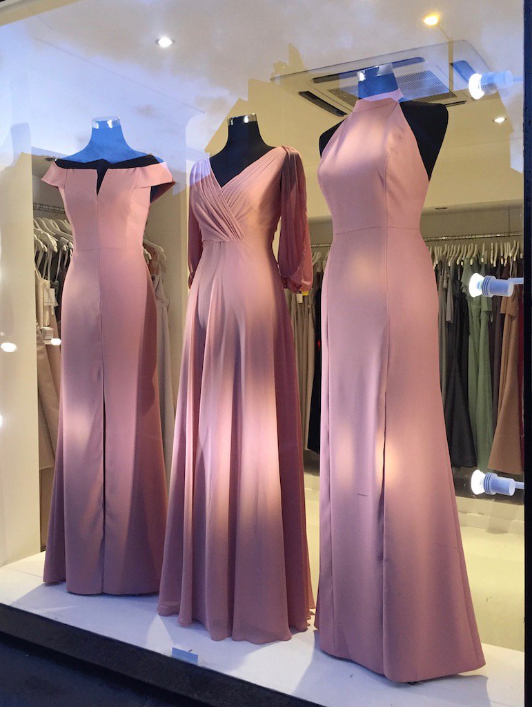 Our beautiful bridesmaids in Desert Rose. With over 200 styles in store, call 0141 644 1453 to book your appointment.