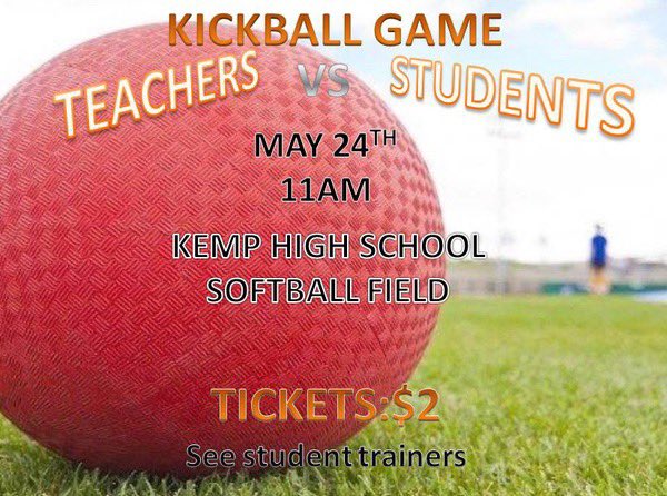 Don’t forget about the kickball game the last two days of school. The bracket is posted on the gym window and teams will be added this afternoon. Today is the last day to sign up. May 17th is the last day to pay $1 to play. Tickets to watch the game go on sale next week.
