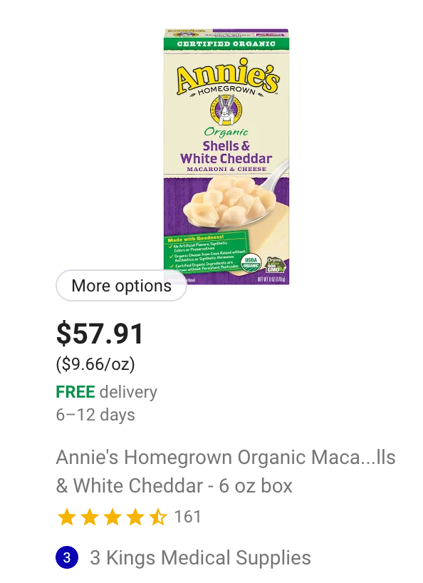 cteubner's tweet photo. @googleexpress This kind of thing is why I stopped using Amazon, please don't allow it on your store. Why is "3 Kings Medical Supply" selling mac n cheese anyway? https://t.co/zSXCqRL52v