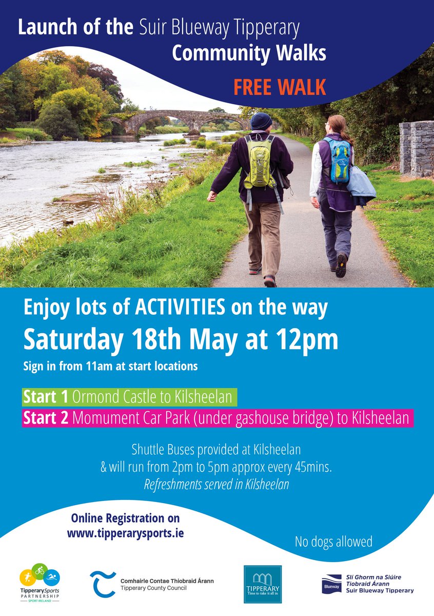 Suir Blueway Tipperary (@suirbluewaytipp) on Twitter photo Join us for the free community walks from Carrick on Suir to Kilsheelan & Clonmel to Kilsheelan to launch Suir Blueway Tipperary on Sat 18th May at 12 pm. Registration can be completed at this link:
eventbrite.ie/e/suir-blueway…
<a href="/VisitTipp/">TipperaryTourism</a>
<a href="/TipperaryCoCo/">Tipperary County Council</a>
#SuirBluewayTipperary Join us for the free community walks from Carrick on Suir to Kilsheelan & Clonmel to Kilsheelan to launch Suir Blueway Tipperary on Sat 18th May at 12 pm. Registration can be completed at this link:
eventbrite.ie/e/suir-blueway…
<a href="/VisitTipp/">TipperaryTourism</a>
<a href="/TipperaryCoCo/">Tipperary County Council</a>
#SuirBluewayTipperary
