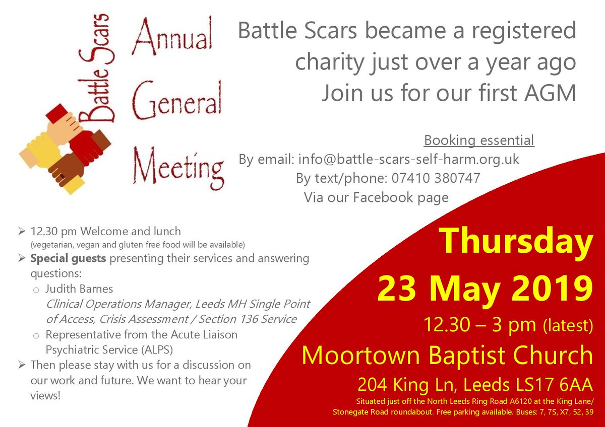 Everyone welcome to our AGM. Booking essential SPECIAL GUESTS: the Single Point of Access & Crisis team manager - SPA & CRISS a representative from the Acute Liaison Psychiatric Service - ALPS (the manager or a band 6 member of the team)