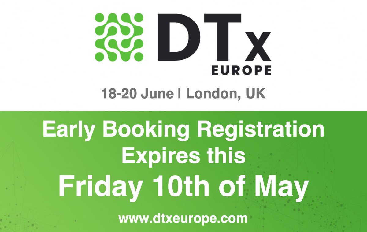 DTxDM1's tweet photo. 📢 Calling all DTx enthusiasts! 📢

Tomorrow is the last day to secure your early booking discount to DTx Europe https://t.co/6Qqi0DZmtc

After tomorrow prices increase by £300, so there's no better time to secure your place! 

#DTx #DTxEurope #Digitaltherapeutics https://t.co/f0xhVzK7iw