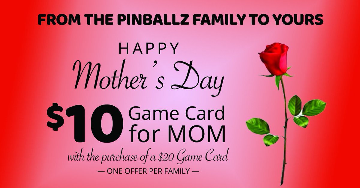 Celebrate Mother's Day at Pinballz Lake Creek with a free $10 Pinballz Game Card for mom, with the purchase of $20 in game play.