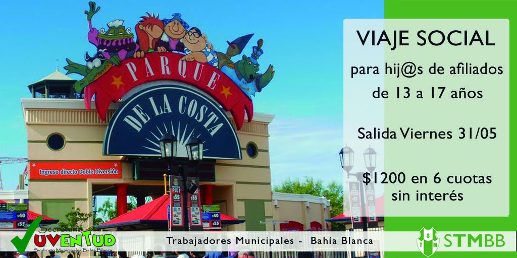stmbb's tweet photo. ¡Viaje social al Parque de la Costa para chic@s de 13 a 17 años! ! Se encuentra abierta la pre-inscripcion en Donado 441 de 8 a 15hs. Salida el 31/05, Más info llamando al 4561852. @stmbb @Aguero_M_A https://t.co/zS5JbKAisf