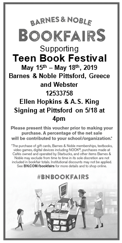 roctbf's tweet photo. Come support TBF Sat. May 18th @BNPittsford at 4PM at a book signing with @EllenHopkinsLit & @AS_King. Can't go? You can still support TBF by using these vouchers from 5/15-5/18 at any local Rochester B&N stores or online. #ROCTBF https://t.co/g0nJerhqRK
