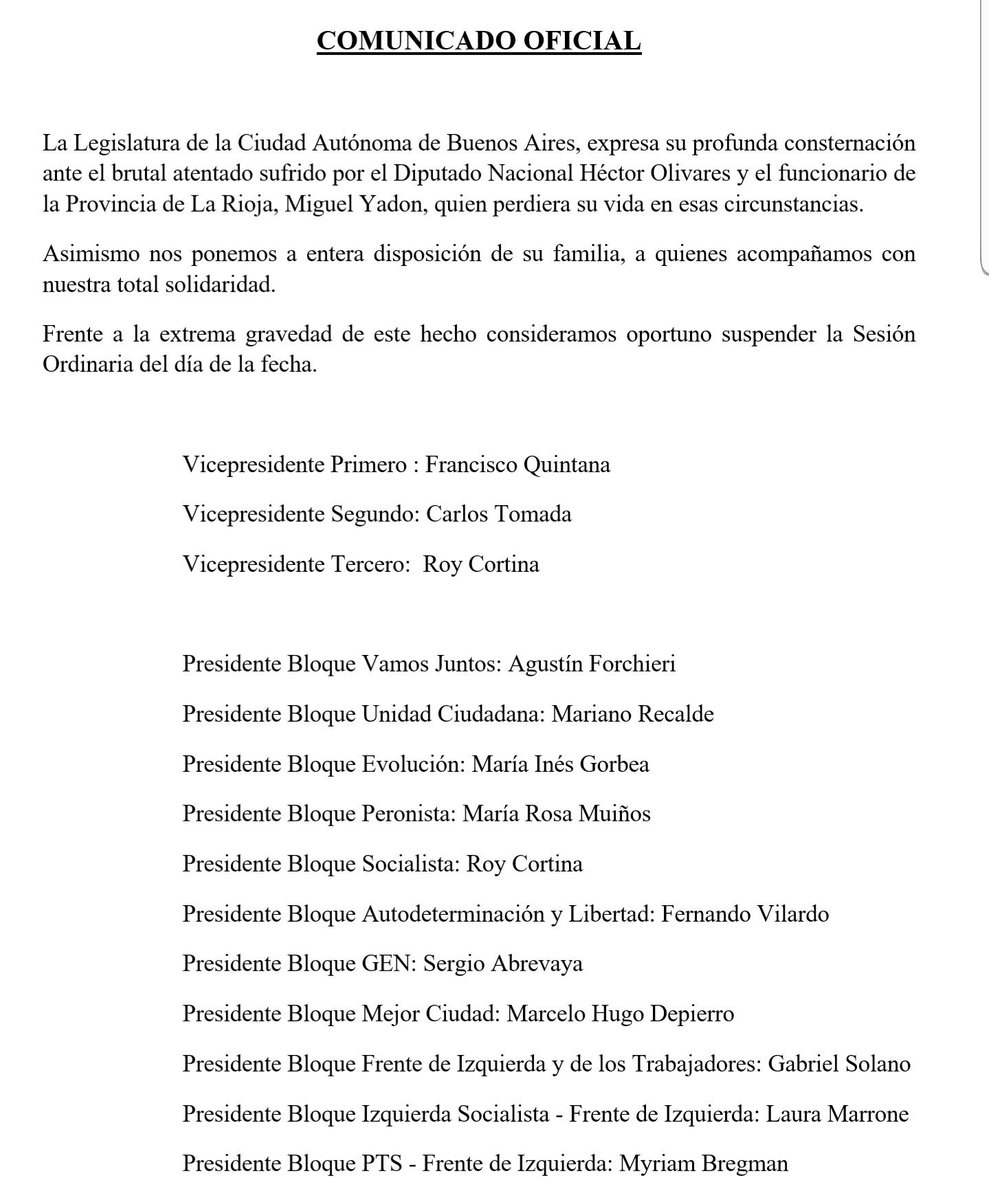 Con profundo dolor y esperando un inmediato esclarecimiento del atentado contra Héctor Olivares y Miguel Yadon, los diputados de <a href="/LegisCABA/">Legislatura CABA</a> hemos levantado la sesión de hoy acompañando a los familiares de las víctimas en éste lamentable día.