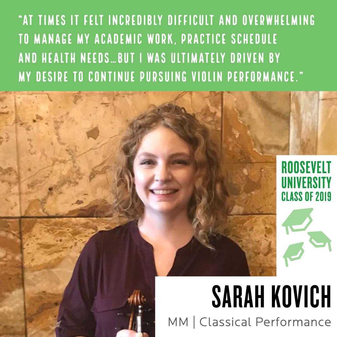 RooseveltU's tweet photo. Graduating Student Spotlight: Sarah Kovich. Sarah has spent most of her time as a student striking balance between multiple chronic illnesses and her academic workload. She recently won the American Musicological Society Midwest Chapter’s A-R Editions... https://t.co/RkPrSuEnPV https://t.co/rkJTPu64iJ