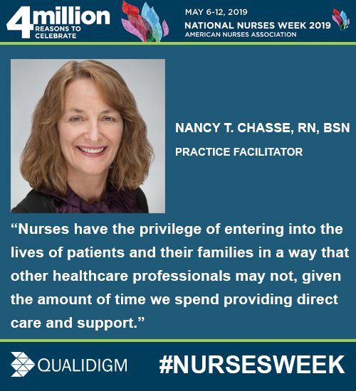 Qualidigm's tweet image. Happy #NursesWeek! We are highlighting some of our nurse superstars this week - meet Nancy Chasse, who works in our Maine office and is passionate about healthcare quality improvement! ⚕️