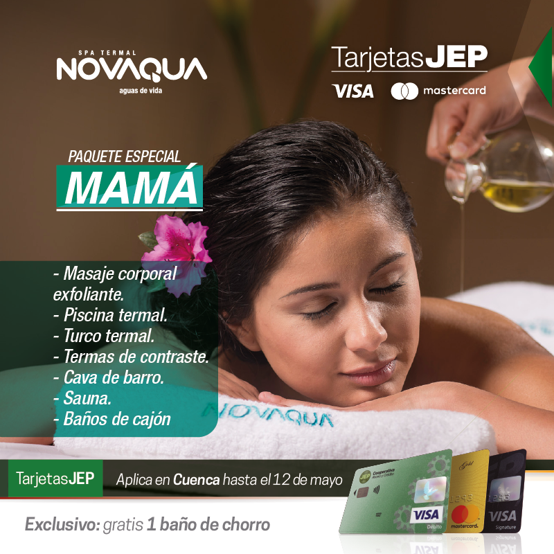 CooperativaJEP's tweet photo. En #Novaqua paga el paquete especial para #Mamá con tus #TarjetasJEP y recibe gratis 1 baño de chorro. *Aplica en #Cuenca hasta el 12 de mayo. https://t.co/Mo8bdmt5yV
