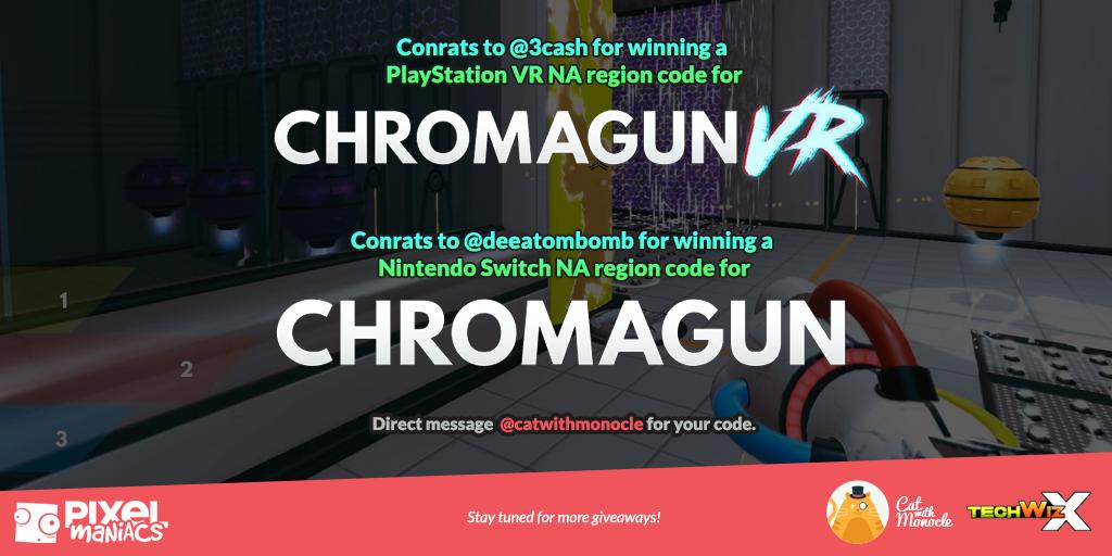 catwithmonocle's tweet image. Here are the NEW winners for #ChromaGunVR and #ChromaGun giveaway

Congrats to @3cash on winning a #PSVR NA region code for ChromaGun VR.

Congrats to @deeatombomb on winning a #NintendoSwitch NA region code for ChromaGun.

Direct message @catwithmonocle for you codes in 24hrs.