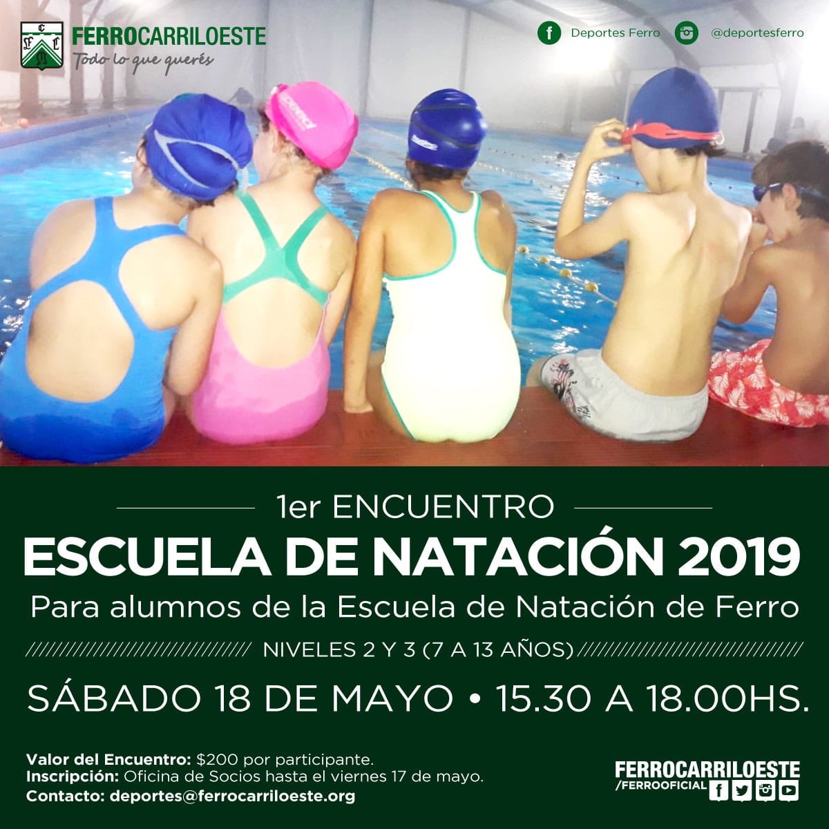 ¡SE VIENE EL ENCUENTRO! 🏊🏼‍♂️🏊🏼‍♀️

🗓18 de mayo. 
⌚️15:30. 
📌 Natatorio de la sede. 
🐬 alumnos de 7 a 13 años. 

¡Inscribite acercándote a las oficinas de socios! ¡Los esperamos!😁

#TodoLoQueQuerés🇳🇬