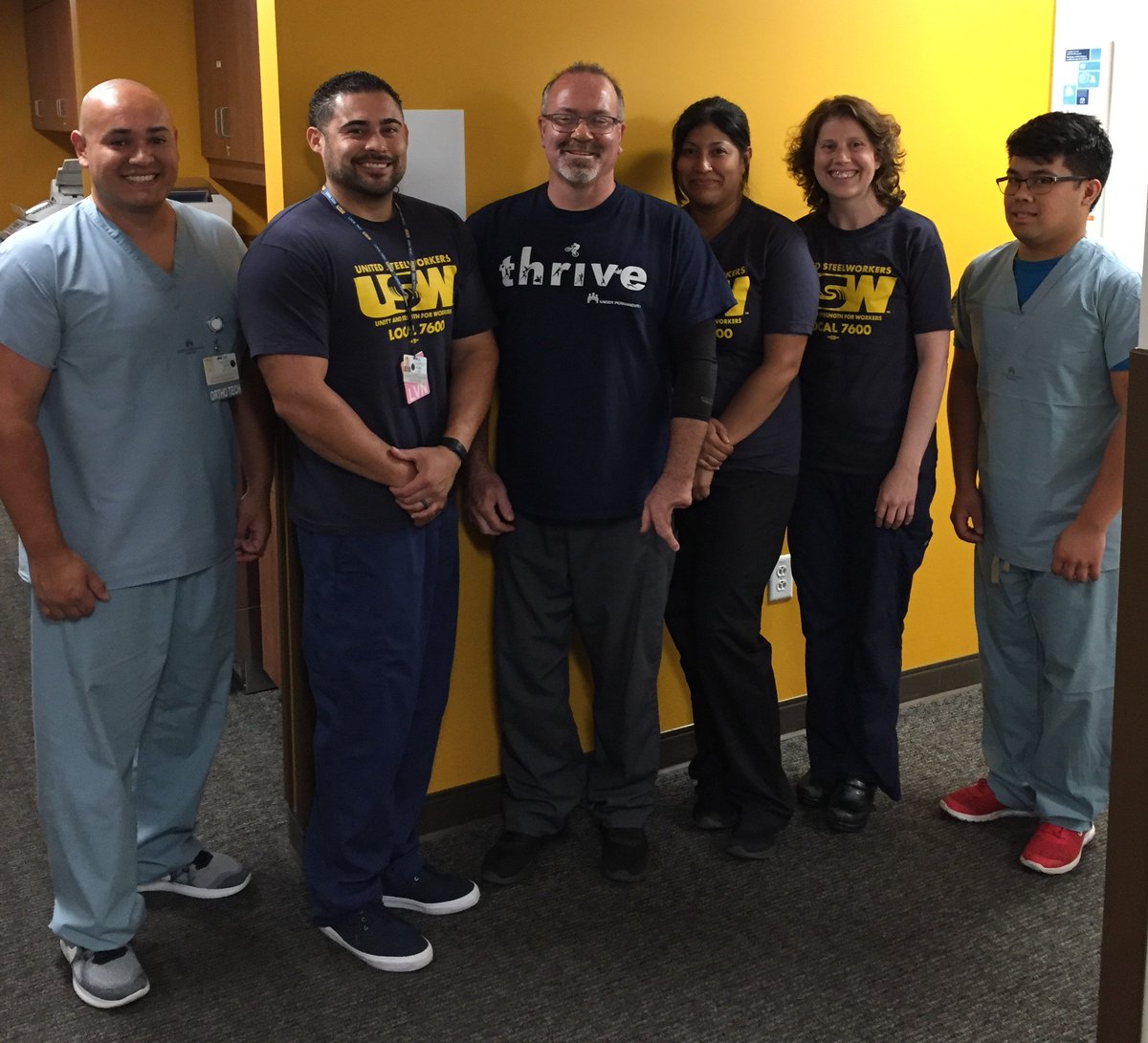 TLefcowitz's tweet photo. #Local7600, in California, Kaiser Redlands Ortho staff wear solidarity blue 4 bargaining in 2018. Elizabeth Carter, LPN says, "I love being a nurse because I want to care for people. I love being #USW because my union takes care of me." #NursesWeek @steelworkers @SteelworkersCA https://t.co/kb6TKxQvt3