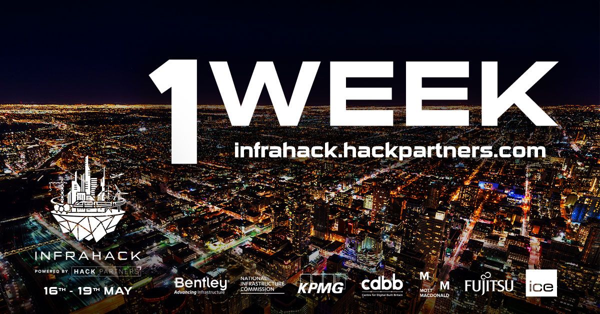 HackPartnerss's tweet photo. 1 week to go before #InfraHack!! Get your brains all charged up because it's going to be mind-blowing!!!!! 
LAUNCH TICKETS: https://t.co/FVapQlpllB
@BentleySystems @MottMacDonald @fujitsu_uk @NatInfraCom @CambridgeCDBB @kpmguk https://t.co/cydmoSNIyd