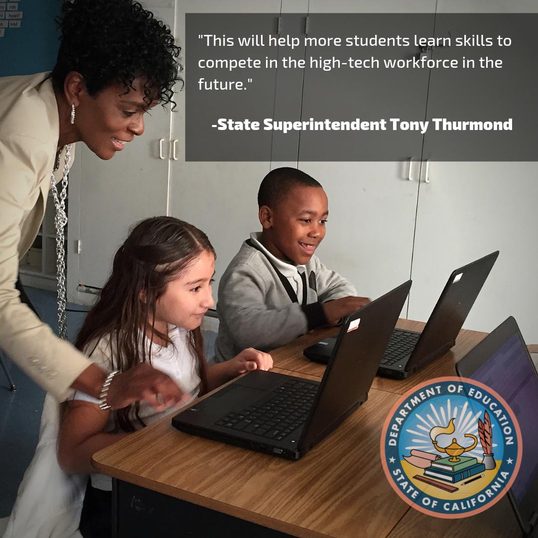 CA Department of Education (@cadepted) on Twitter photo State Superintendent <a href="/TonyThurmond/">Tony Thurmond</a> praised the adoption of CA’s #ComputerScience Strategic Implementation Plan by the <a href="/SBECalifornia/">CABoard of Education</a>, stating that it’s critical to prepare students for the jobs of tomorrow, and broaden participation in CS.
Learn more: cde.ca.gov/nr/ne/yr19/yr1… State Superintendent <a href="/TonyThurmond/">Tony Thurmond</a> praised the adoption of CA’s #ComputerScience Strategic Implementation Plan by the <a href="/SBECalifornia/">CABoard of Education</a>, stating that it’s critical to prepare students for the jobs of tomorrow, and broaden participation in CS.
Learn more: cde.ca.gov/nr/ne/yr19/yr1…
