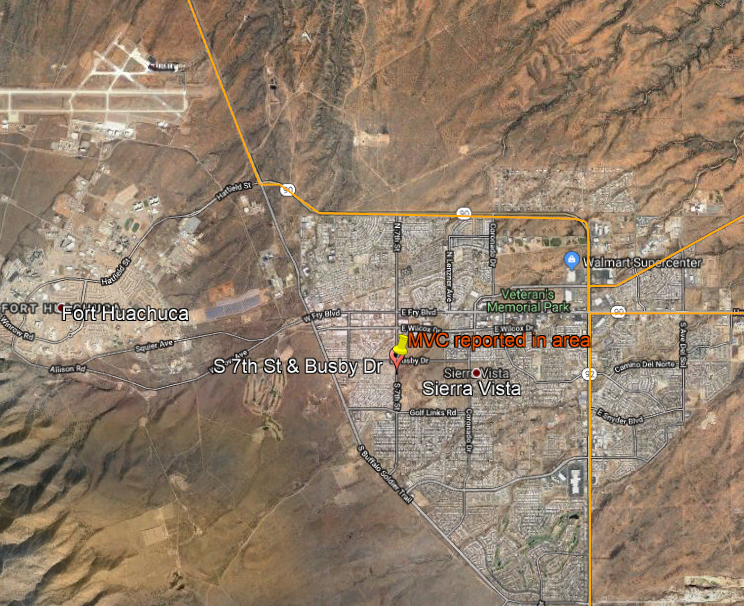 CCFirenIncident's tweet image. 1427: Report of a #MVC at / near #Busby &amp;amp; #7St. #SVPD on scene FD responding. #StayAlert #SierraVista