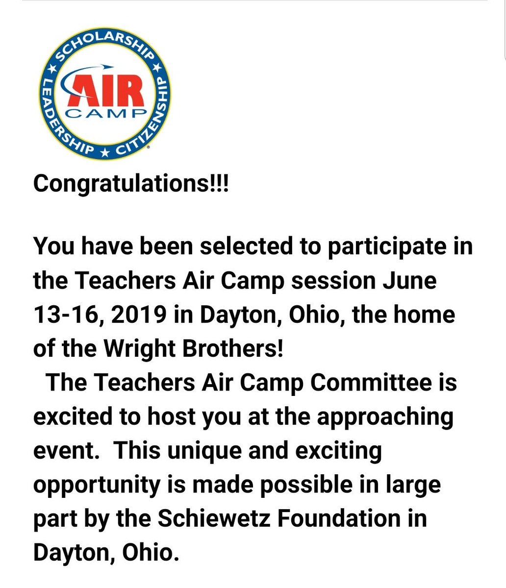 TimWerbrich's tweet photo. So stoked and honored to be 1 of 50 selected to attend Teacher Air Camp 2019. I'm coming home! #UDBaby #summeroflearning https://t.co/8jRUJzytue