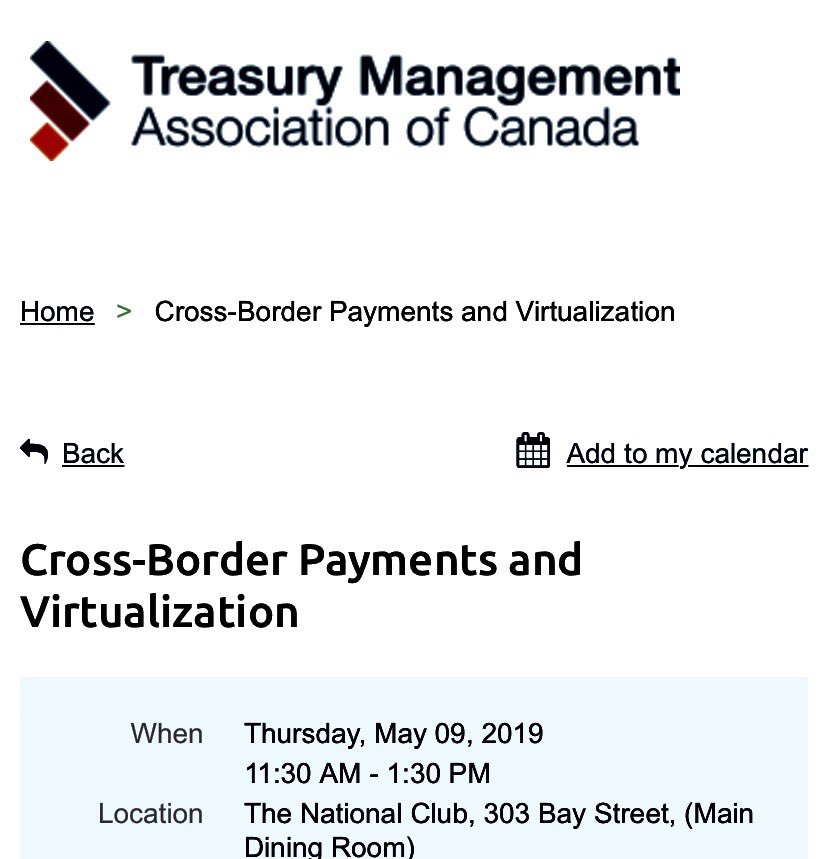 BillPggot's tweet photo. Taking in the cross border payments session with the Treasury Management Association of Canada (TMAC). https://t.co/q571w4B4yO