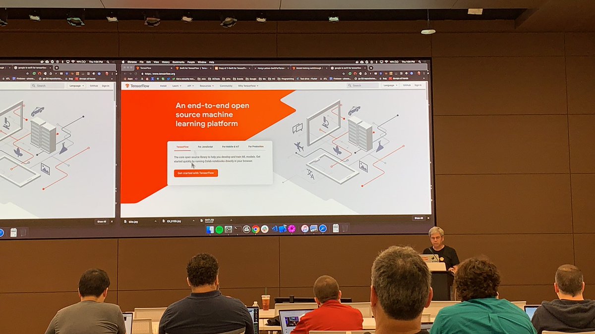 swiftcloudshop's tweet image. And now we have @timburks twin, @timburks, talking about #Tensorflow and #Swift #scw5