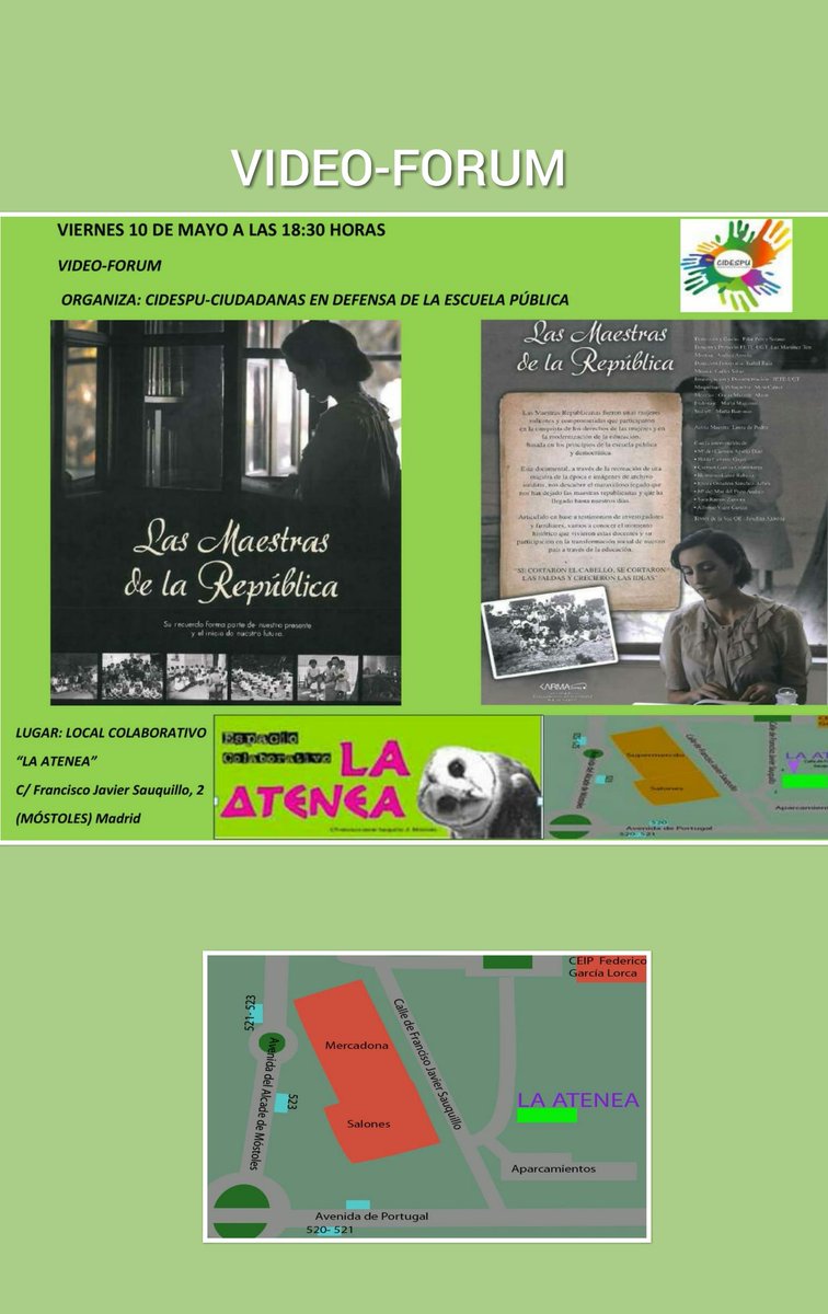 Mañana viernes 10 de Mayo, a las 18:30 h. Proyectaremos la película-documental: "Las Maestras de la República" en el Local Colaborativo "La Atenea" <a href="/LaAteneaEC/">La Atenea</a> de #Móstoles C/Francisco Javier Sauquillo, 2.
Nos acompañará en el debate la directora 👇