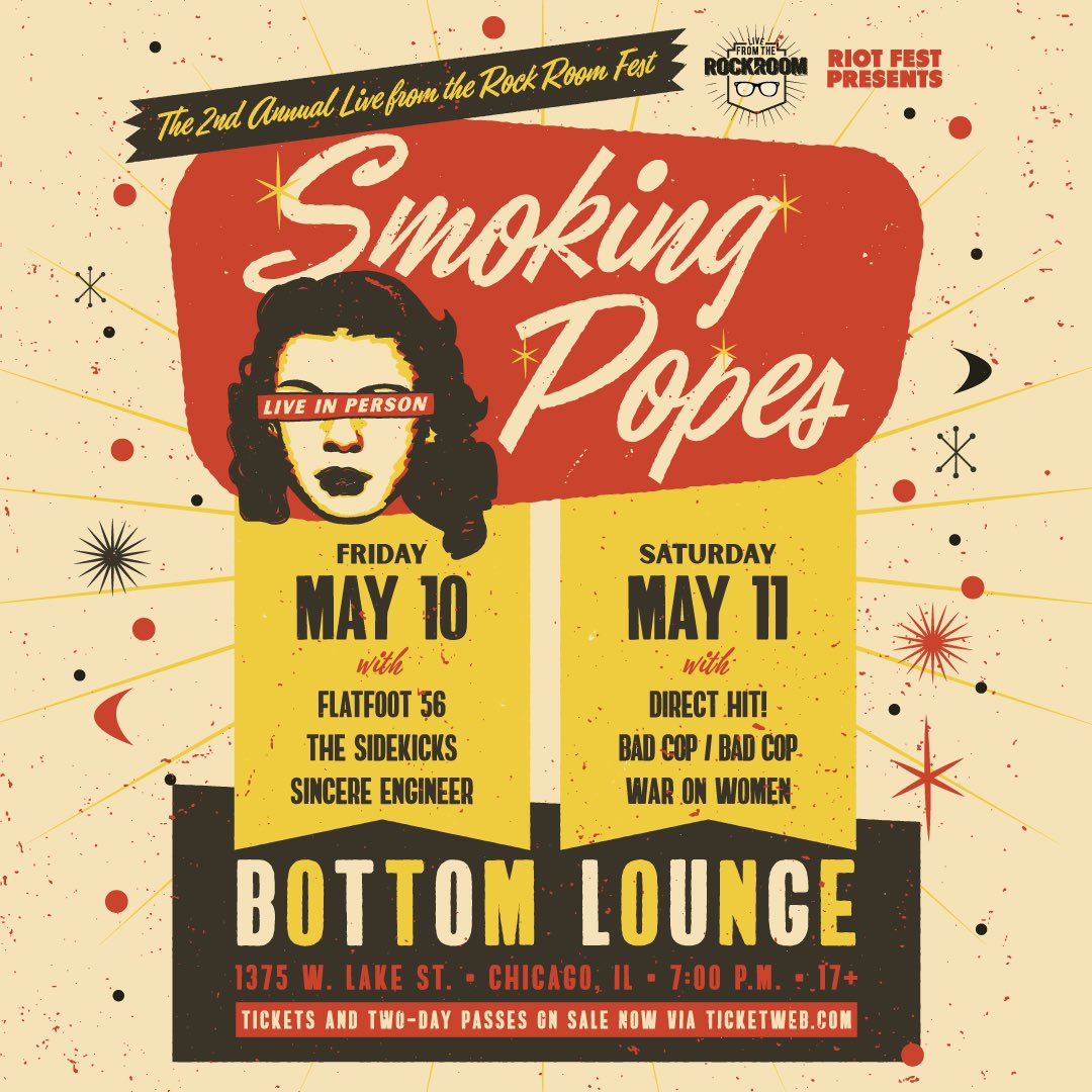 We’re giving away a pair of 2-day passes to <a href="/RiotFest/">Riot Fest</a> presents: <a href="/smoking_popes/">Smoking Popes</a> annual <a href="/LFTRR/">LiveFromTheRockRoom</a> fest at <a href="/thebottomlounge/">Bottom Lounge</a>! Tell us your favorite Smoking Popes song and tag a friend you want to bring with you. Winner will be contacted tomorrow at 12pm!