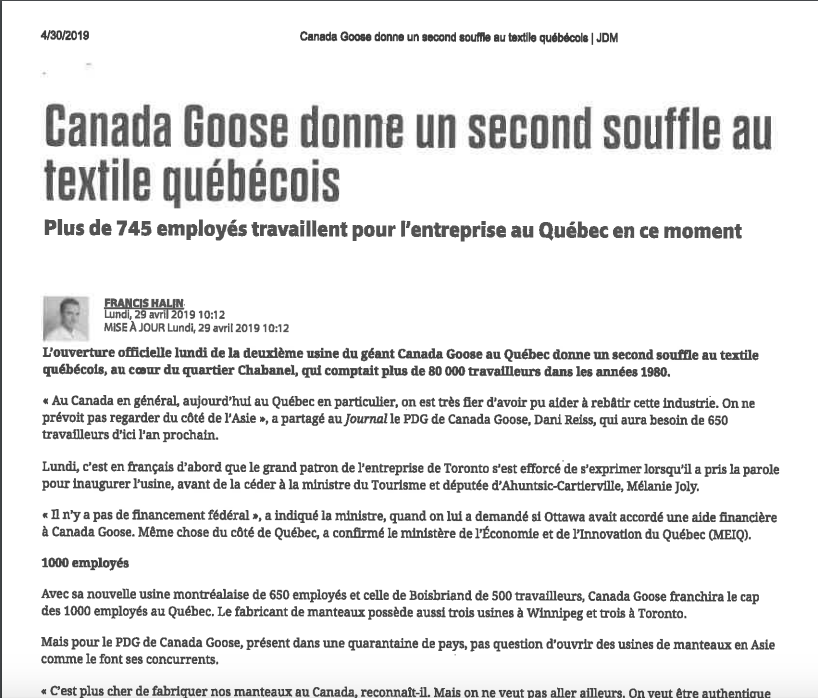 PropsHs's tweet photo. Canada Goose bringing the textile industry back to Quebec at our very own 433 Chabanel https://t.co/TCuQ9CU49o